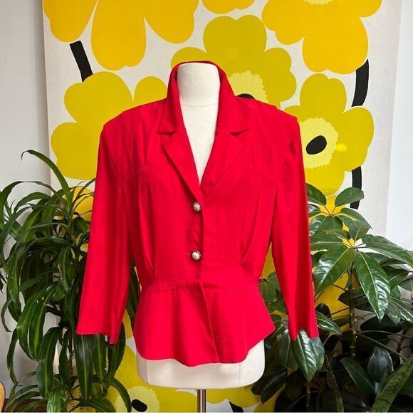 Killer Cherry Red Vintage 1980s Pearl Button Peplum Blazer Jacket Blouse - Picture 4 of 6